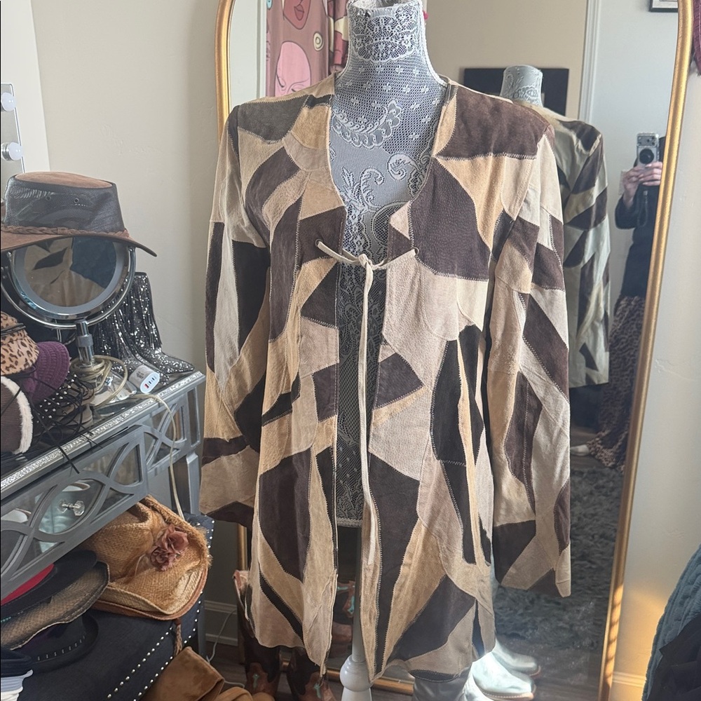 Geometric Patchwork Genuine Leather Open Jacket. … - image 1